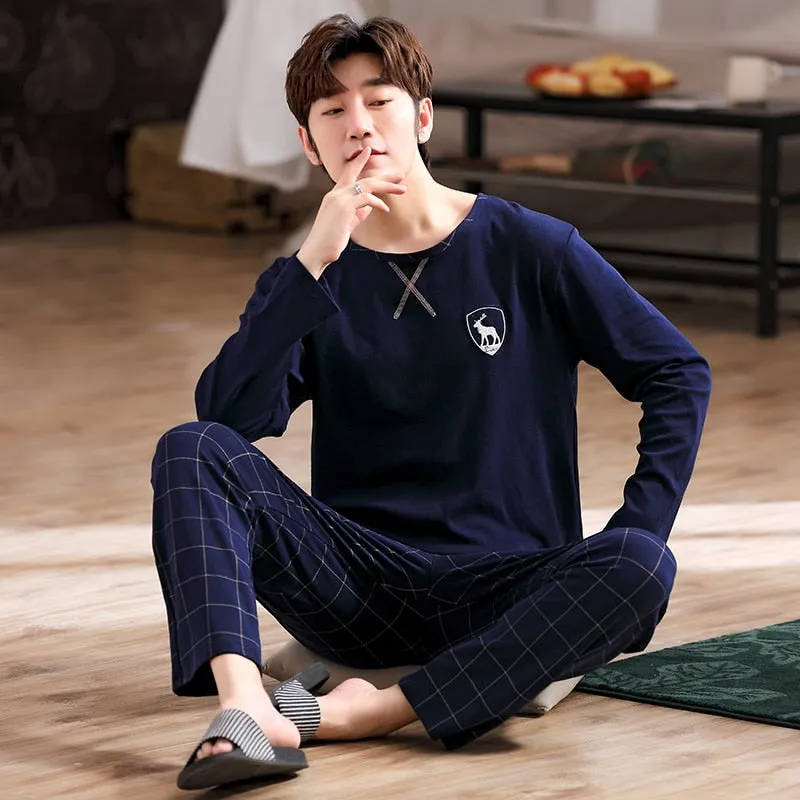 Autumn Men Pure Full Cotton Big  L-4XL Pajama Sets Casual