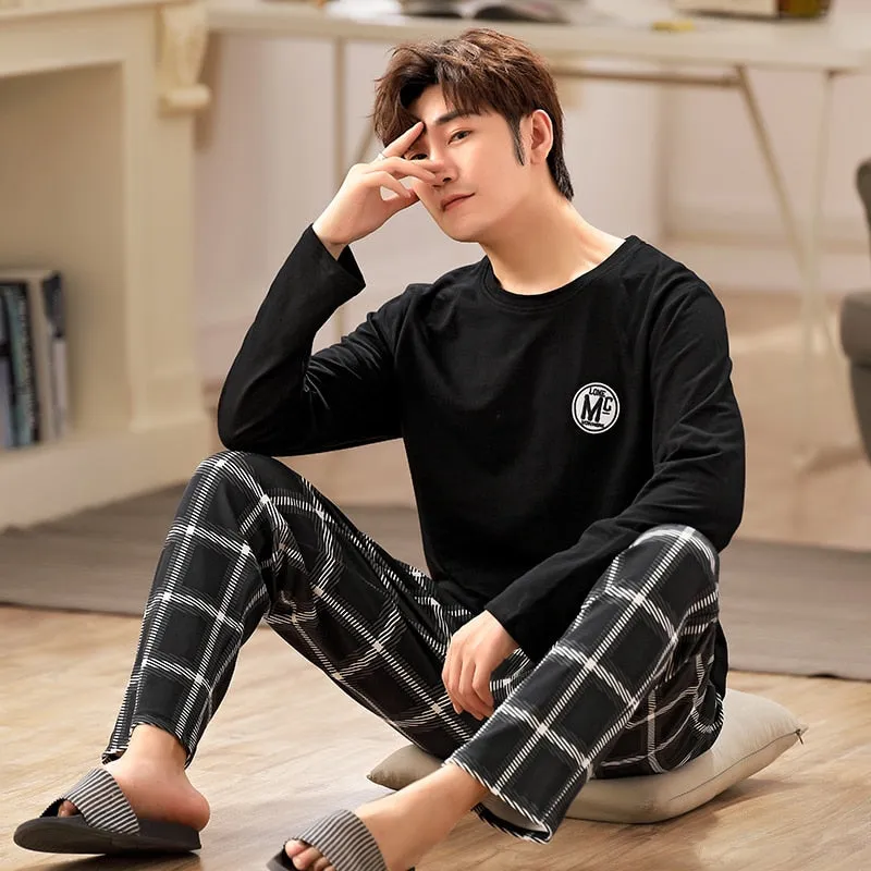 Autumn Men Pure Full Cotton Big  L-4XL Pajama Sets Casual