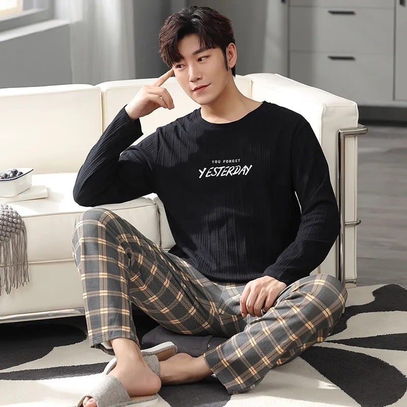 Autumn Men Pure Full Cotton Big  L-4XL Pajama Sets Casual