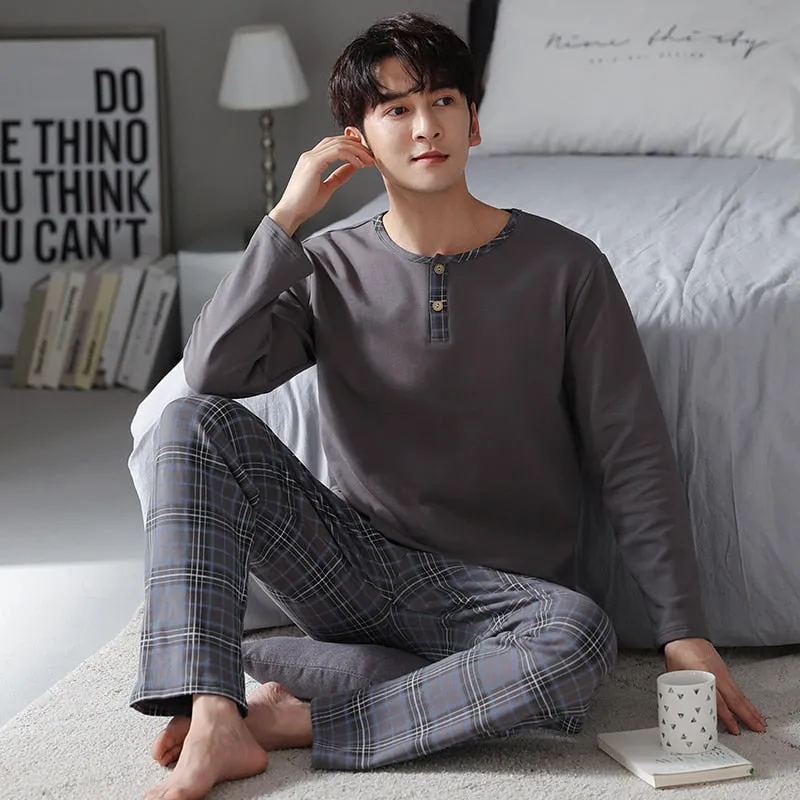 Autumn Men Pure Full Cotton Big  L-4XL Pajama Sets Casual