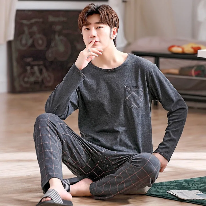 Autumn Men Pure Full Cotton Big  L-4XL Pajama Sets Casual