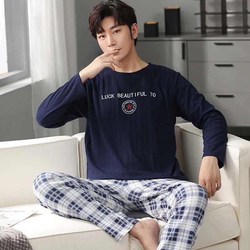 Autumn Men Pure Full Cotton Big  L-4XL Pajama Sets Casual
