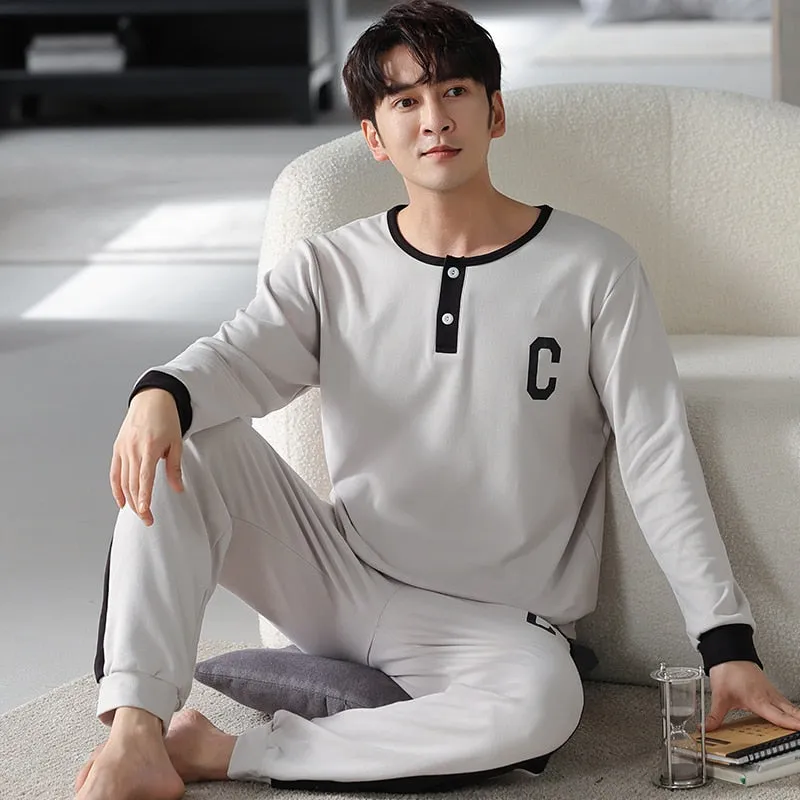 Autumn Men Pure Full Cotton Big  L-4XL Pajama Sets Casual