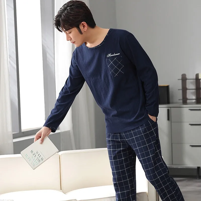 Autumn Men Pure Full Cotton Big  L-4XL Pajama Sets Casual