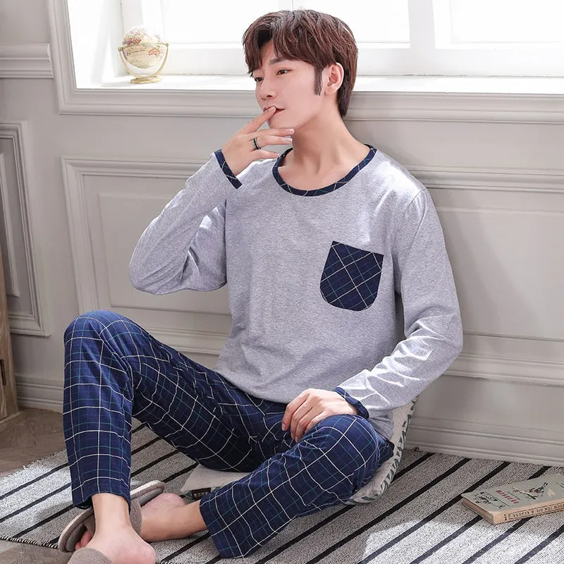 Autumn Men Pure Full Cotton Big  L-4XL Pajama Sets Casual