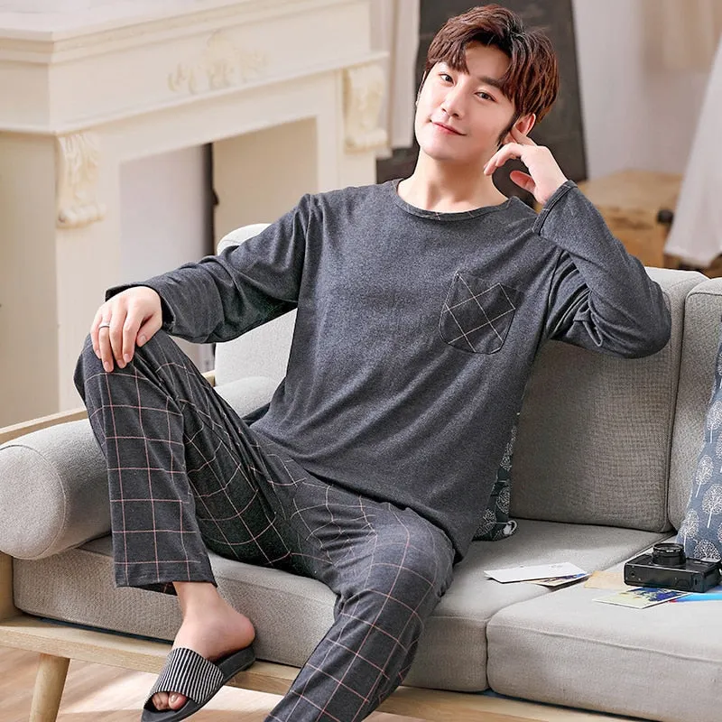 Autumn Men Pure Full Cotton Big  L-4XL Pajama Sets Casual