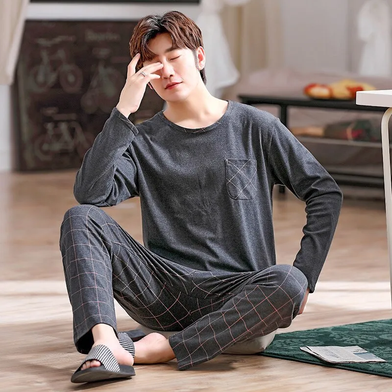 Autumn Men Pure Full Cotton Big  L-4XL Pajama Sets Casual