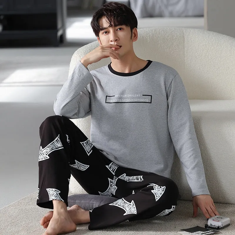 Autumn Men Pure Full Cotton Big  L-4XL Pajama Sets Casual