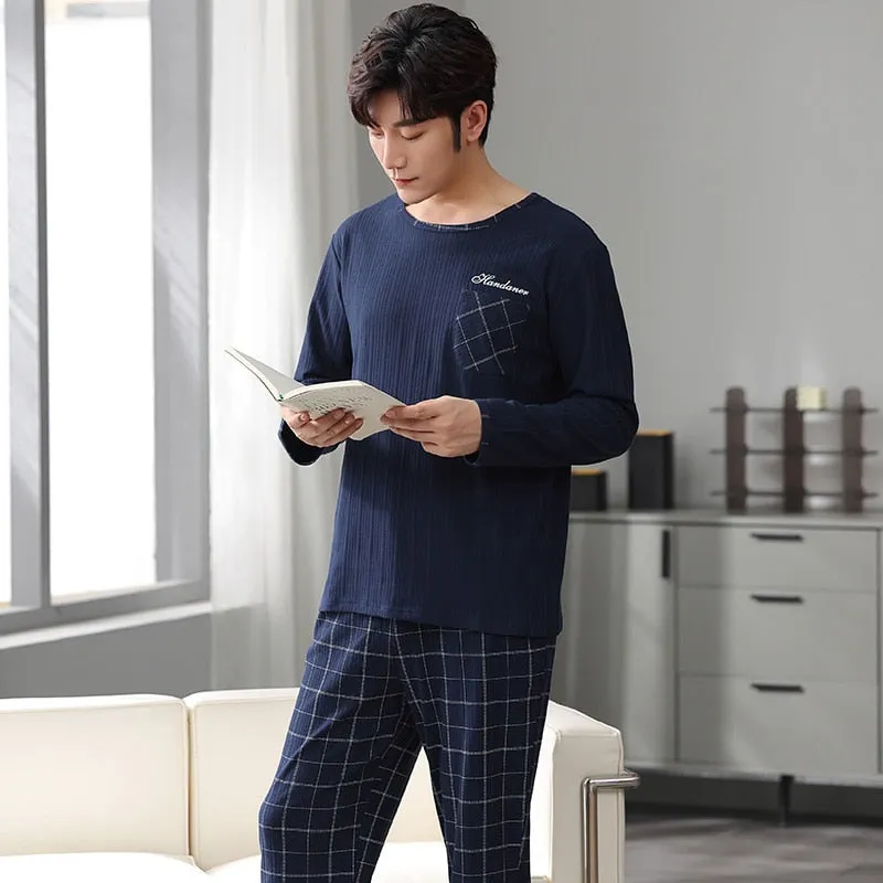Autumn Men Pure Full Cotton Big  L-4XL Pajama Sets Casual