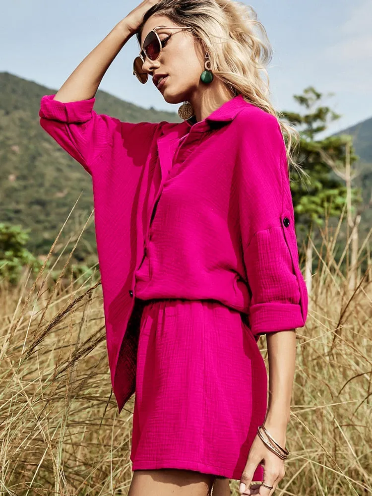 BerryBetty - 2024 New Summer Casual Button Rose Red Women's Sets Cotton Two Pieces Sets Women Long Sleeve White Shirt and Shorts Set Outfits