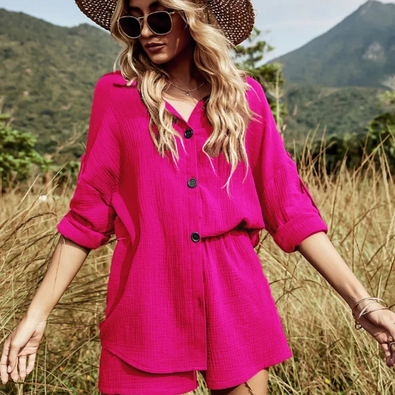 BerryBetty - 2024 New Summer Casual Button Rose Red Women's Sets Cotton Two Pieces Sets Women Long Sleeve White Shirt and Shorts Set Outfits