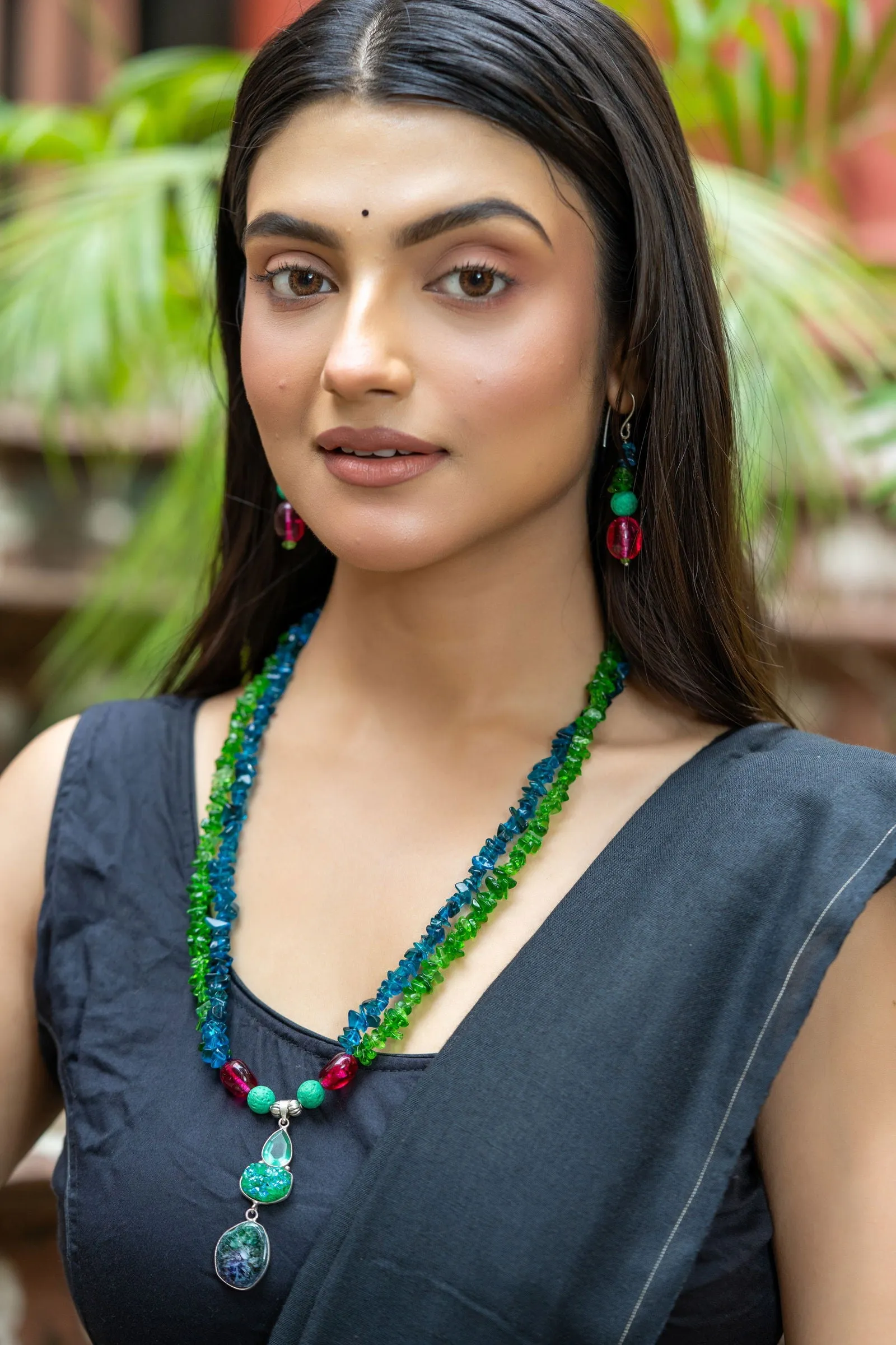 Bohemian Handmade Blue Green Pink Semi Precious Agate Lava Bead Stone Chips Necklace with Earrings Jewelry Set
