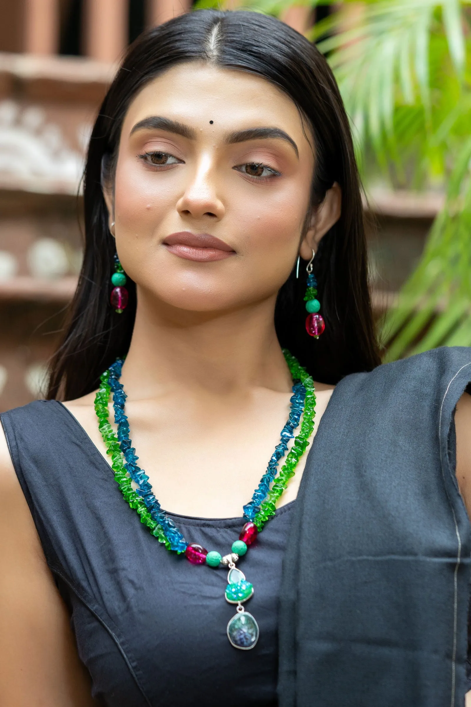 Bohemian Handmade Blue Green Pink Semi Precious Agate Lava Bead Stone Chips Necklace with Earrings Jewelry Set