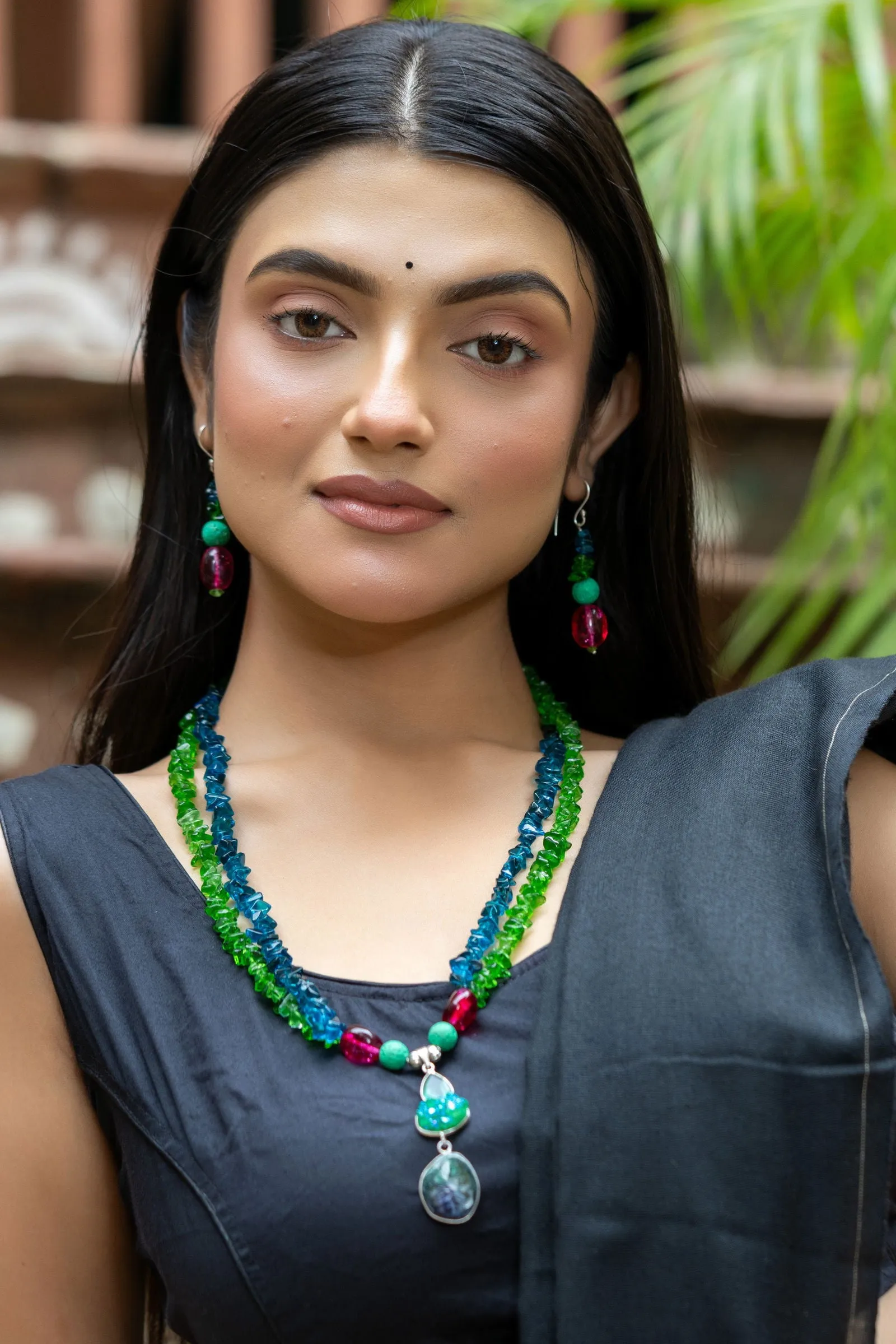 Bohemian Handmade Blue Green Pink Semi Precious Agate Lava Bead Stone Chips Necklace with Earrings Jewelry Set