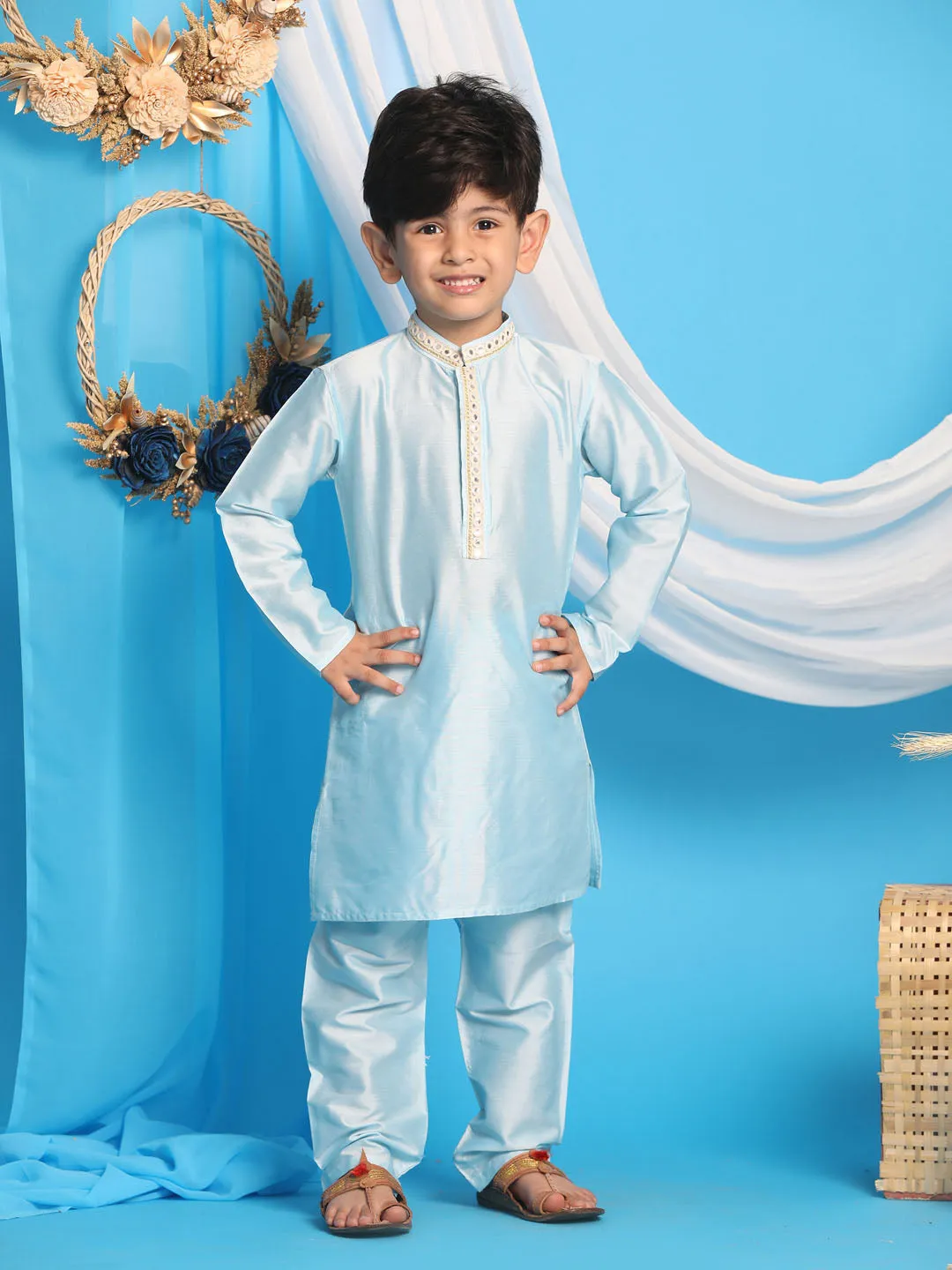 Boy's Aqua Kurta And Pyjama - Vastramay Boys
