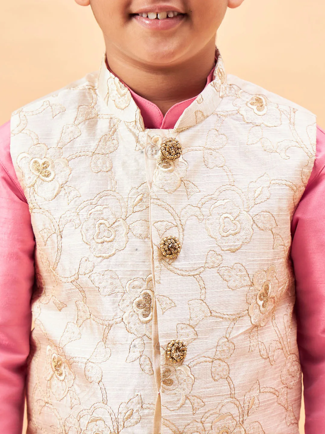 Boy's Beige And Pink Jacket, Kurta And Pyjama Set - Vastramay Boys