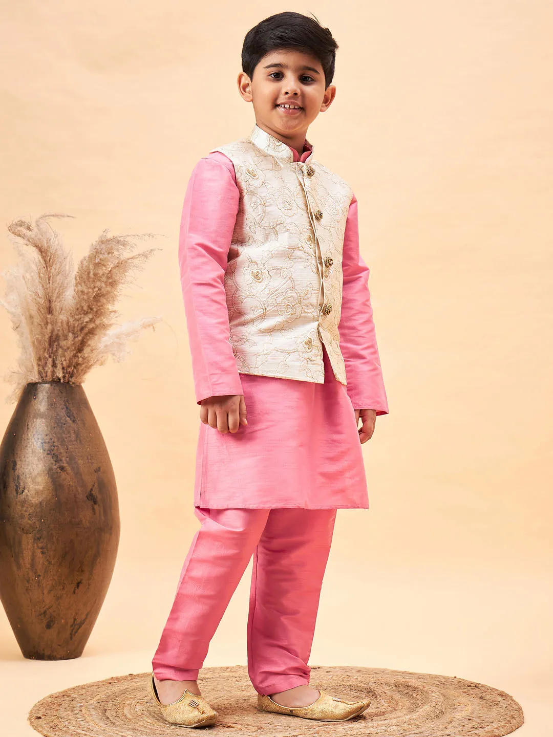 Boy's Beige And Pink Jacket, Kurta And Pyjama Set - Vastramay Boys