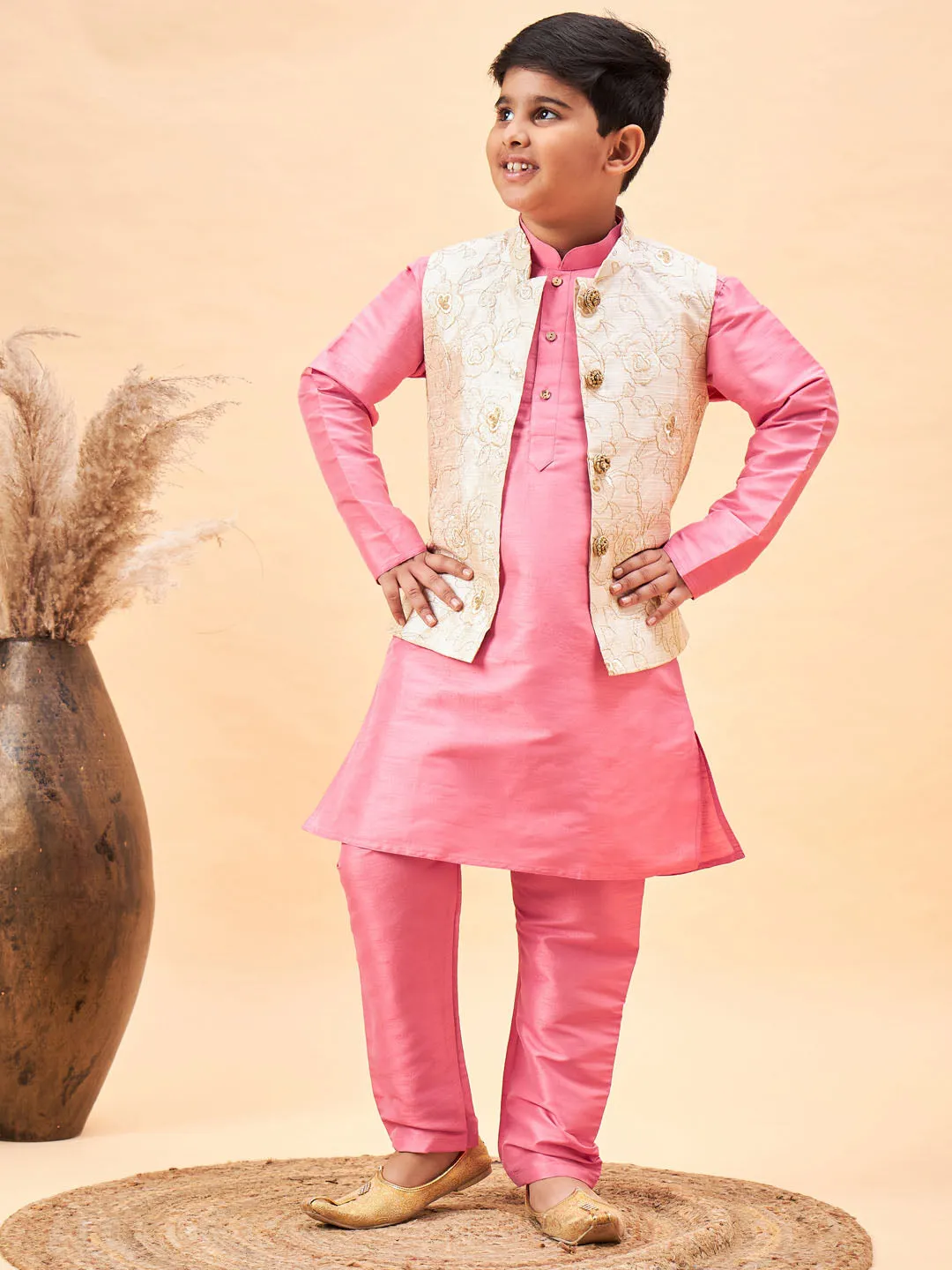 Boy's Beige And Pink Jacket, Kurta And Pyjama Set - Vastramay Boys