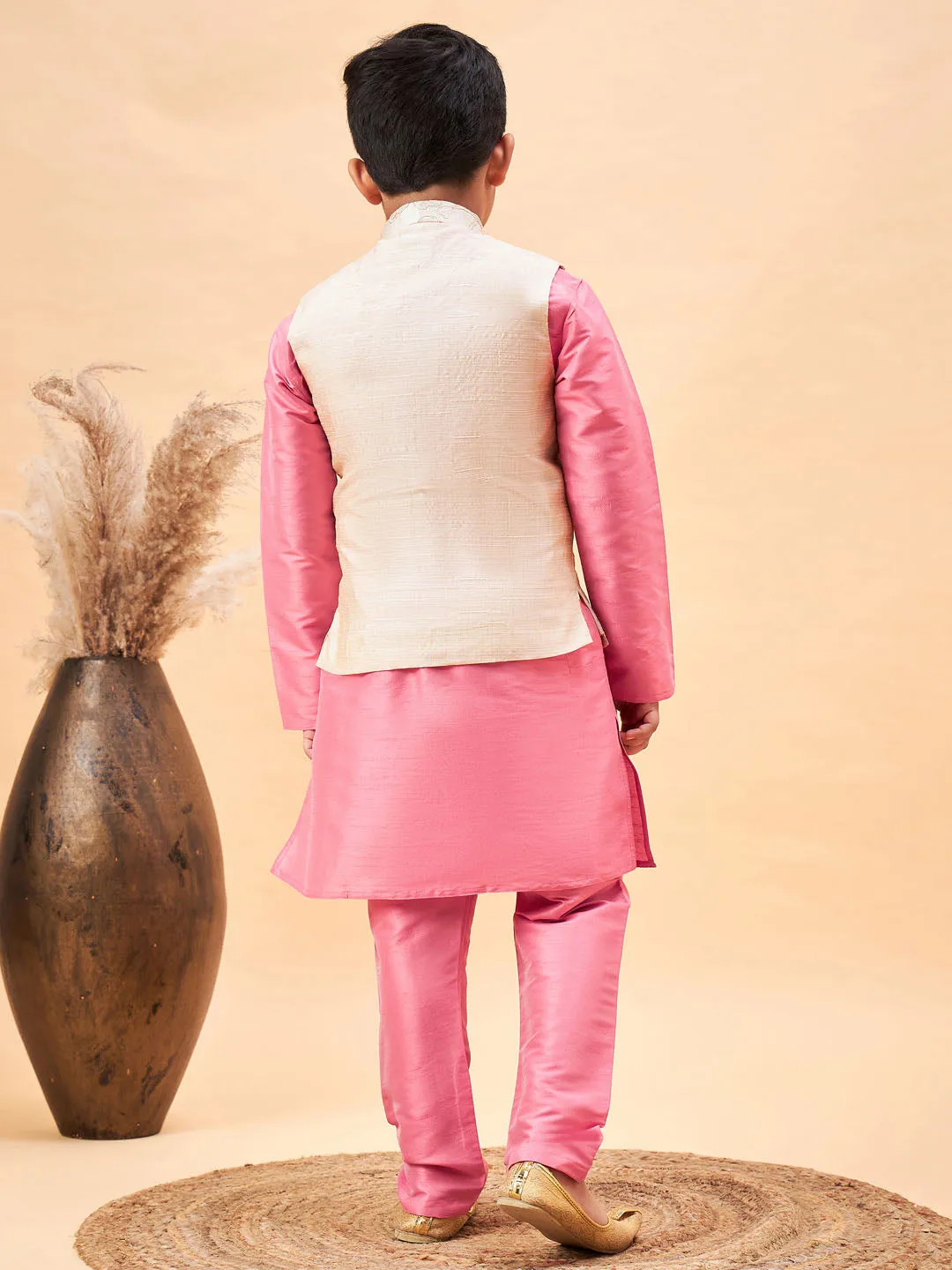 Boy's Beige And Pink Jacket, Kurta And Pyjama Set - Vastramay Boys