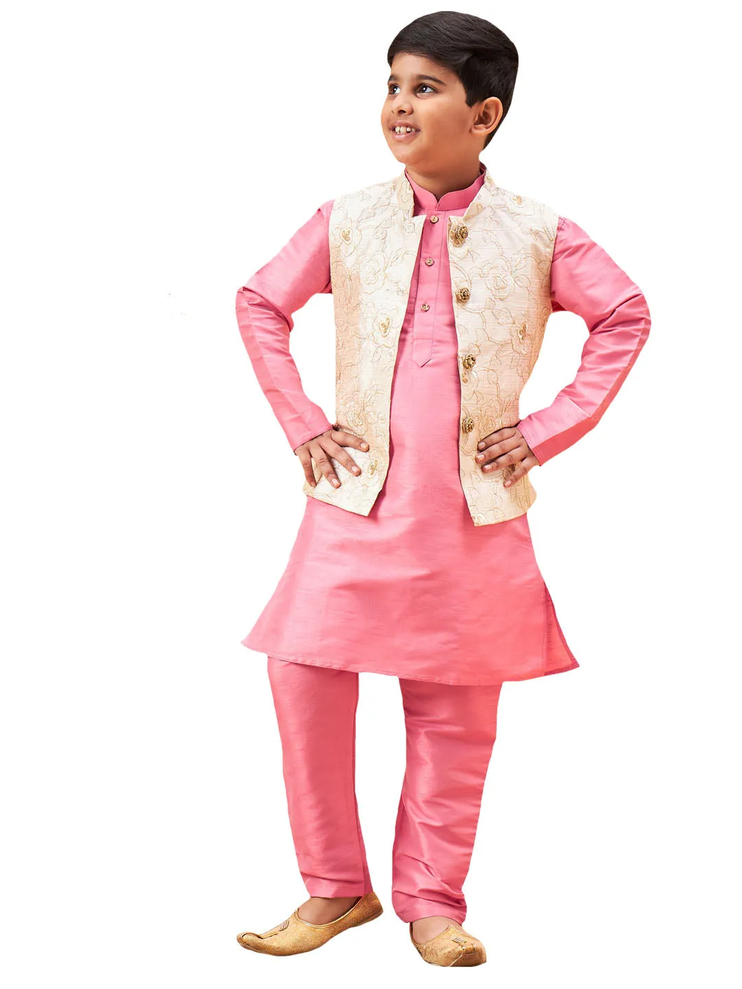 Boy's Beige And Pink Jacket, Kurta And Pyjama Set - Vastramay Boys