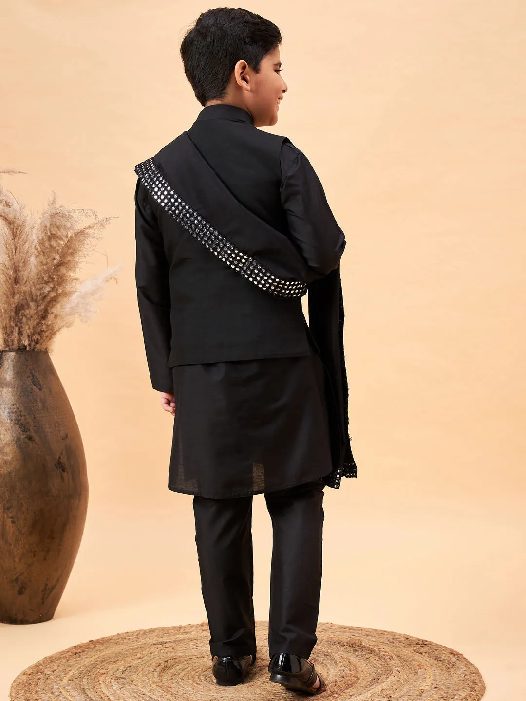 Boy's Black Kurta, Pyjama & Dupatta Set - Vastramay Boys