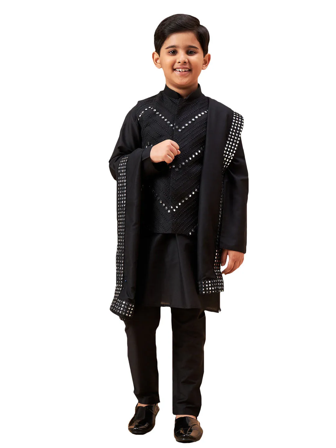 Boy's Black Kurta, Pyjama & Dupatta Set - Vastramay Boys