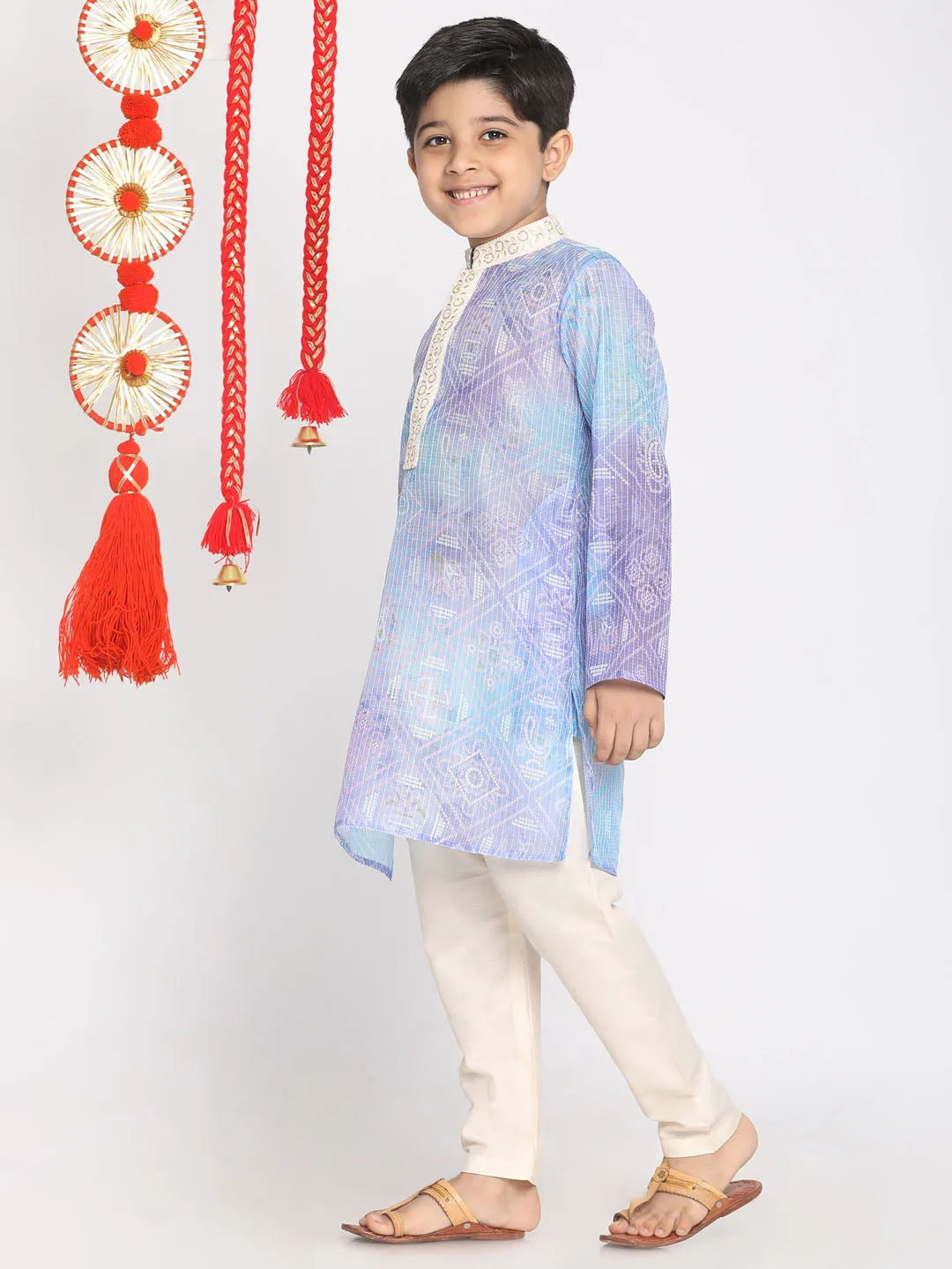 Boy's Blue And Cream Kurta Pyjama Set - Vastramay Boys