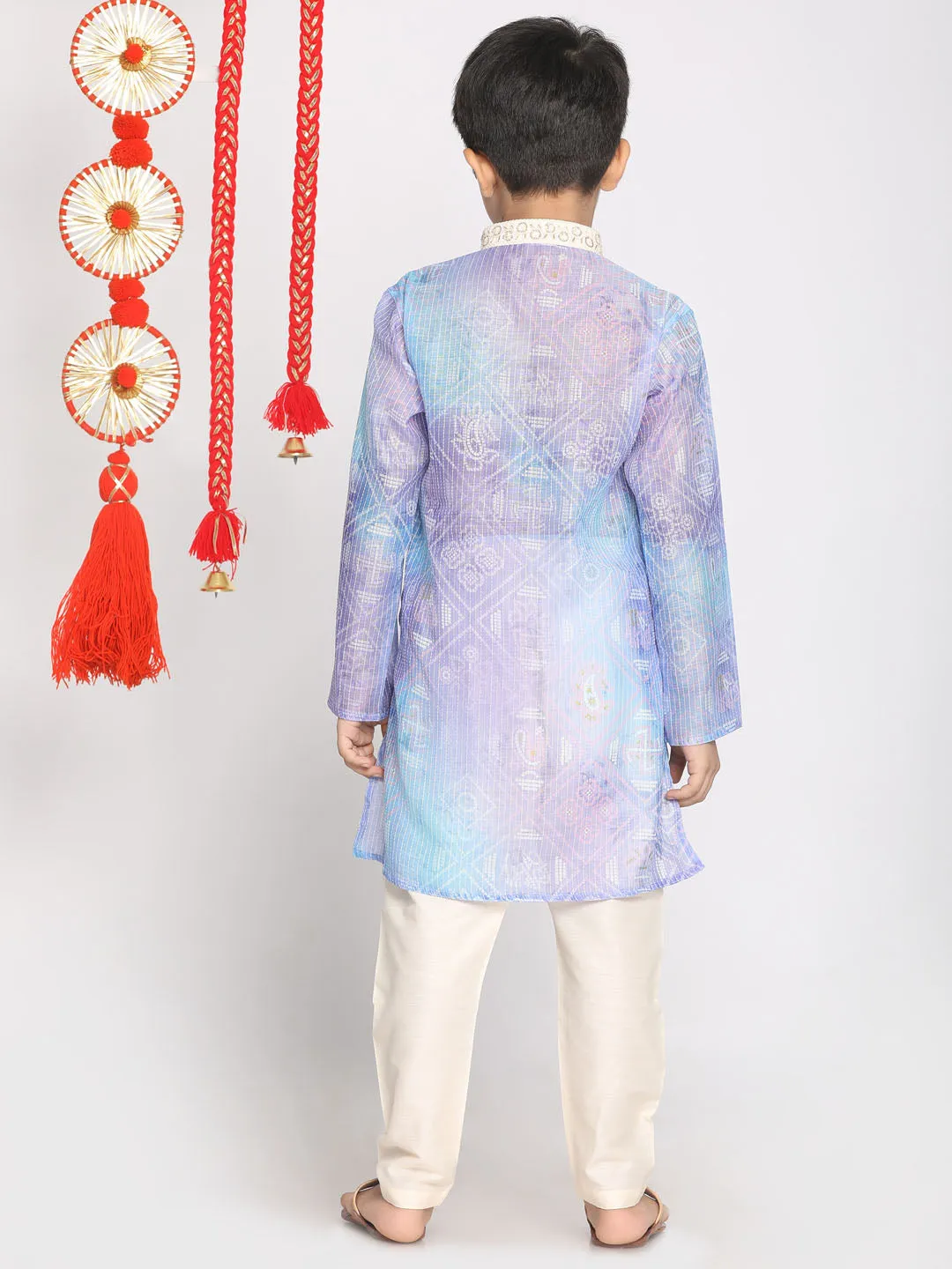Boy's Blue And Cream Kurta Pyjama Set - Vastramay Boys