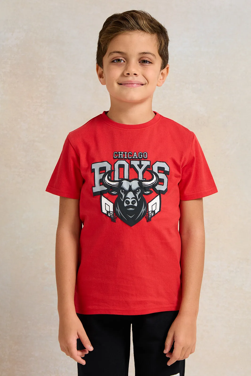 Boys Red And Black Printed Casual Set (2 Piece)
