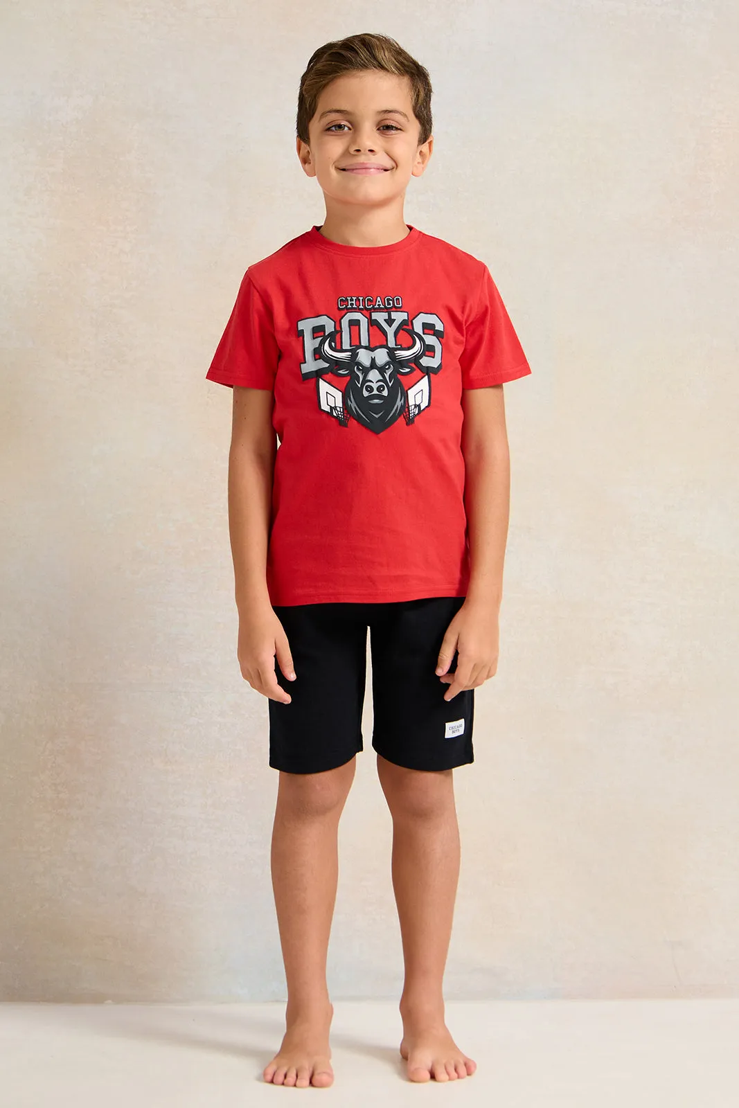 Boys Red And Black Printed Casual Set (2 Piece)