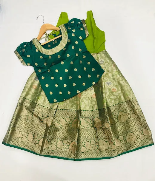 Charming Green Color Designer Silk Langa Set For Kids
