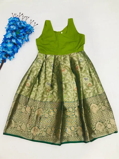 Charming Green Color Designer Silk Langa Set For Kids