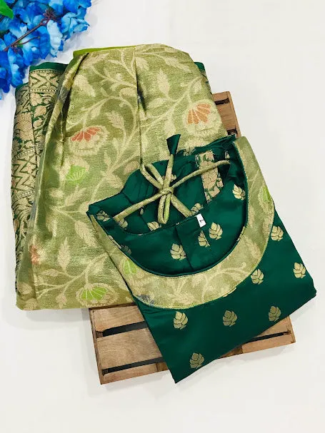 Charming Green Color Designer Silk Langa Set For Kids