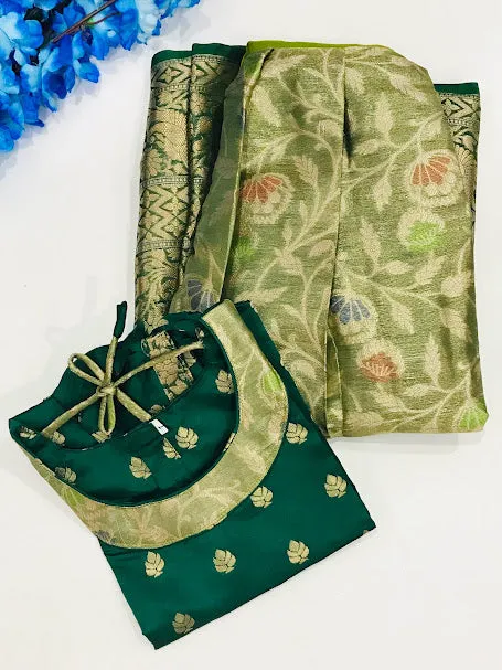 Charming Green Color Designer Silk Langa Set For Kids