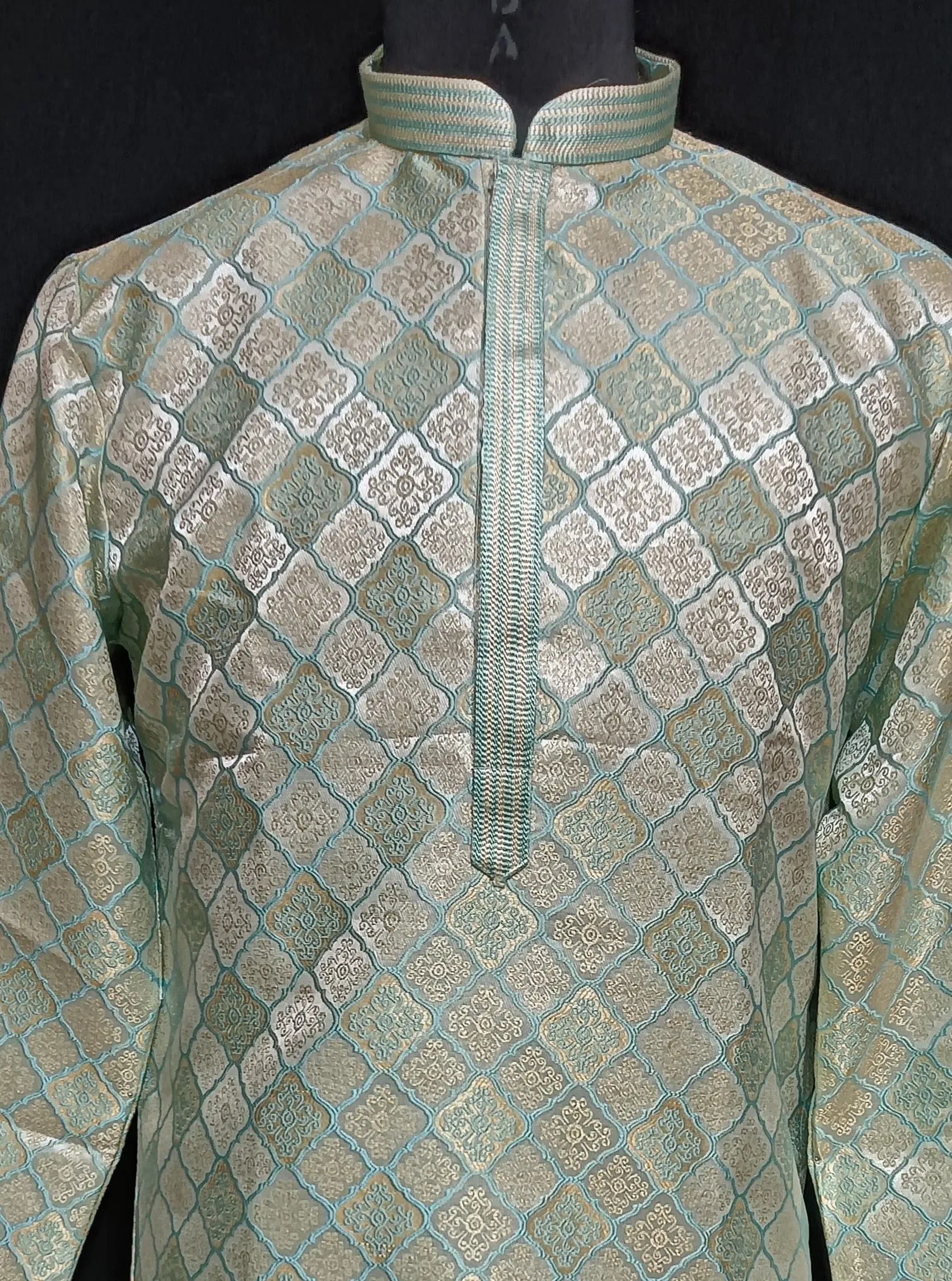 Charming Pista Green Colored Banarasi Brocade Zari Work Kurta And Pajama Sets For Men