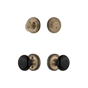 Classic Rosette Entry Set with Black Porcelain Knob in Antique Brass