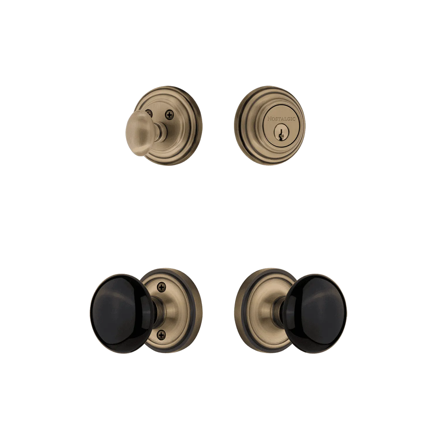 Classic Rosette Entry Set with Black Porcelain Knob in Antique Brass