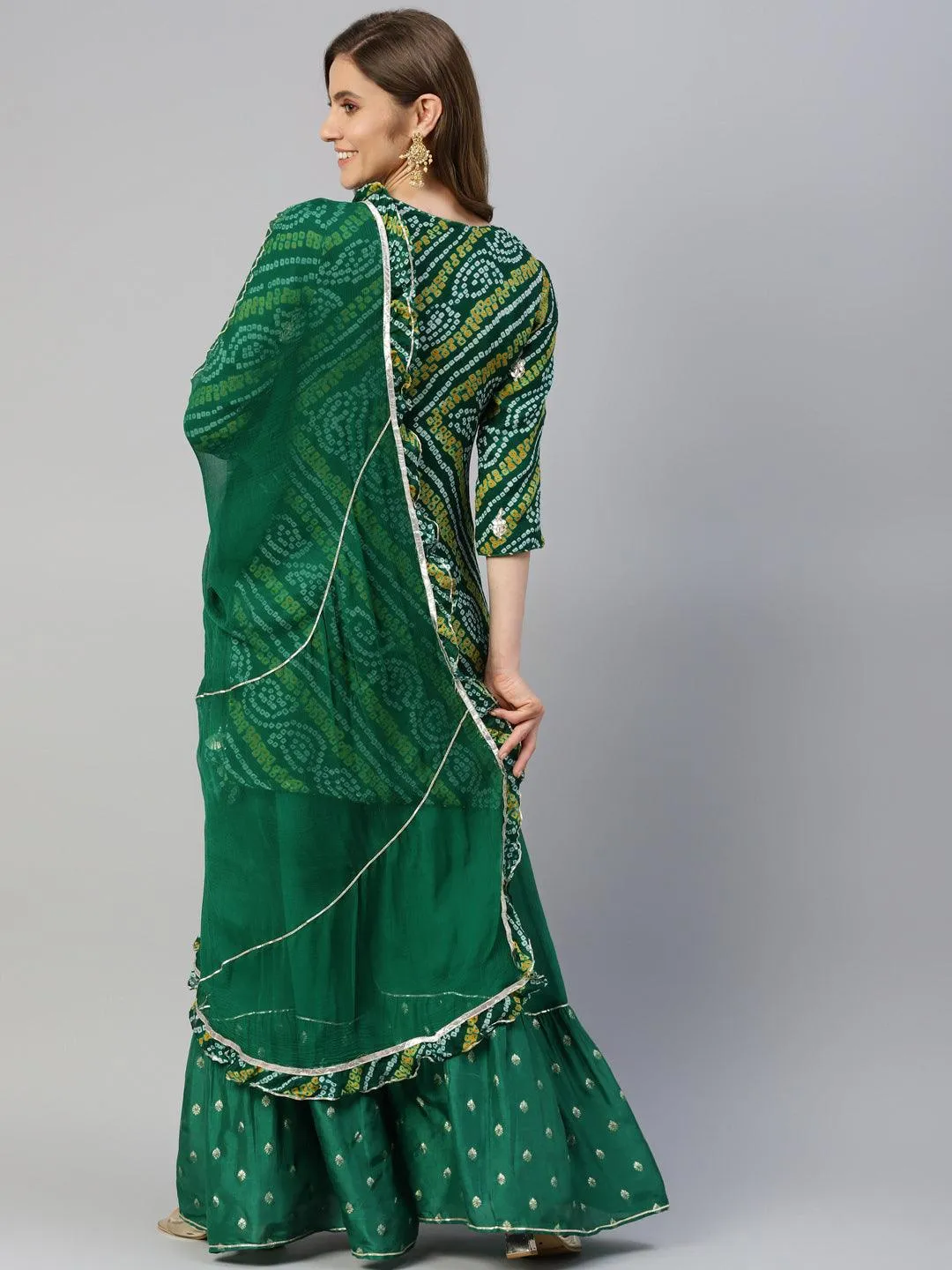 Gota Work Green Bandhani Print Georgette Kurta Palazzo Set With Dupatta
