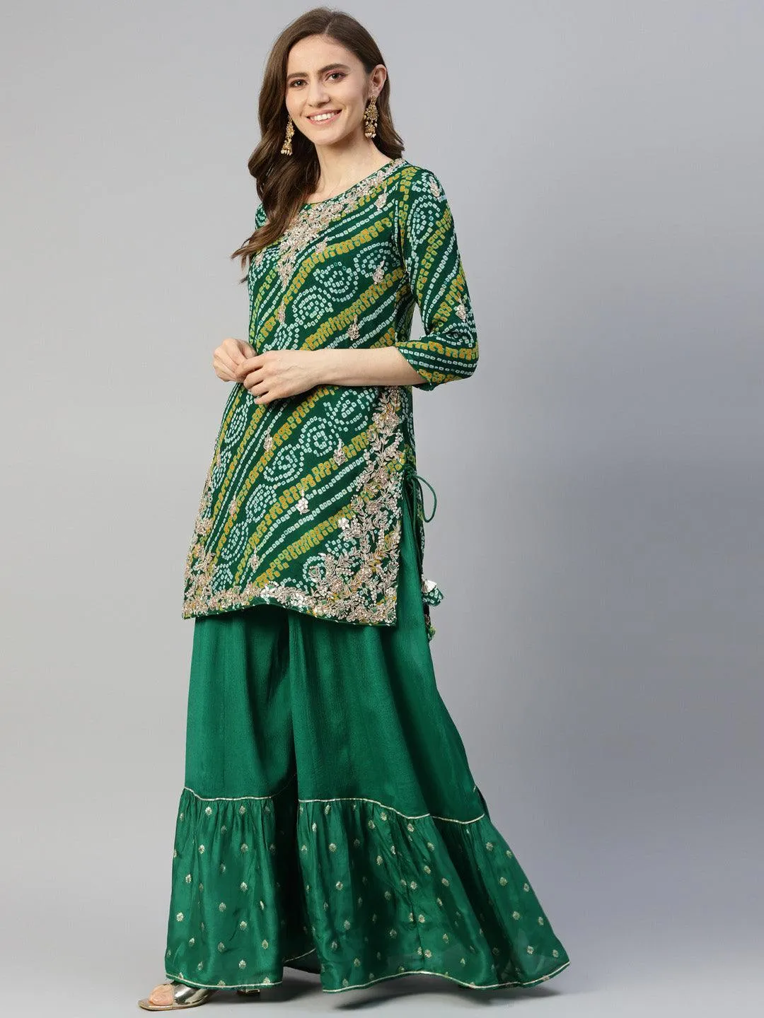 Gota Work Green Bandhani Print Georgette Kurta Palazzo Set With Dupatta