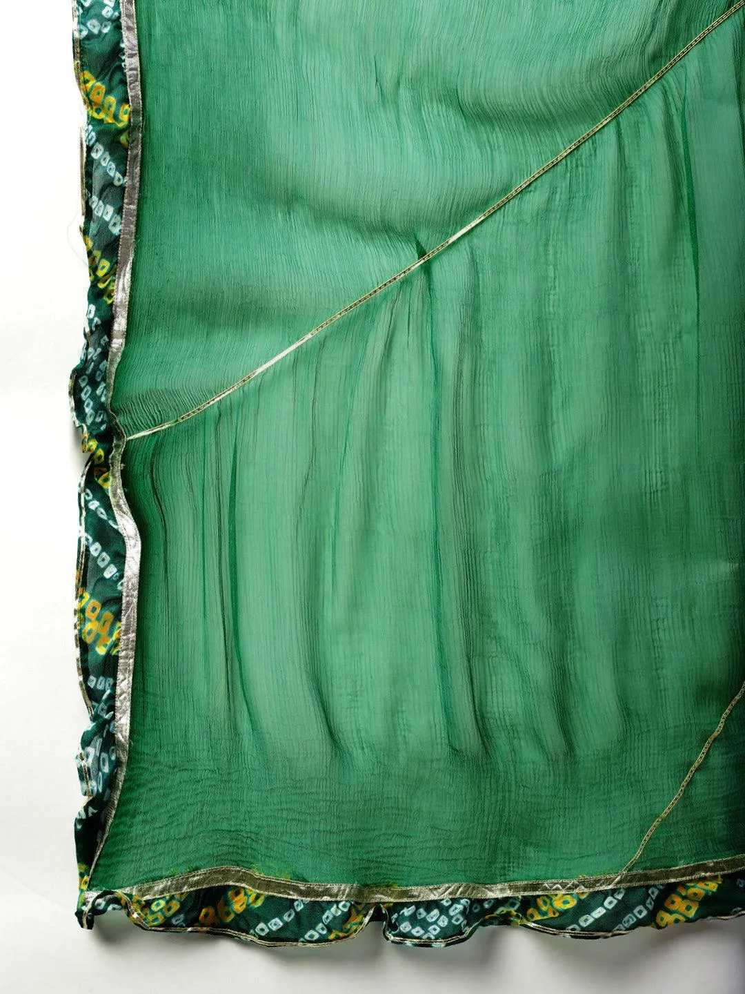 Gota Work Green Bandhani Print Georgette Kurta Palazzo Set With Dupatta