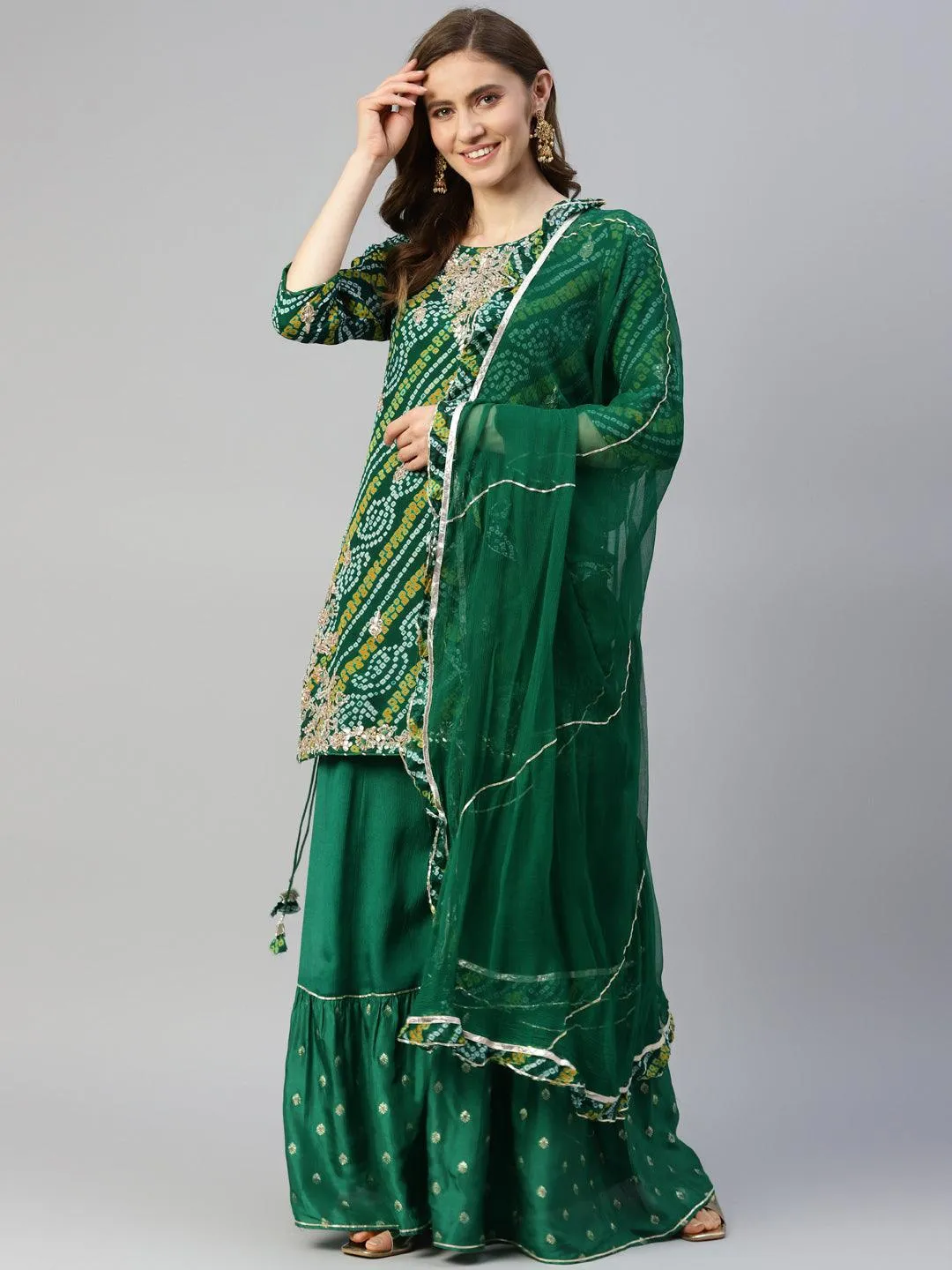 Gota Work Green Bandhani Print Georgette Kurta Palazzo Set With Dupatta
