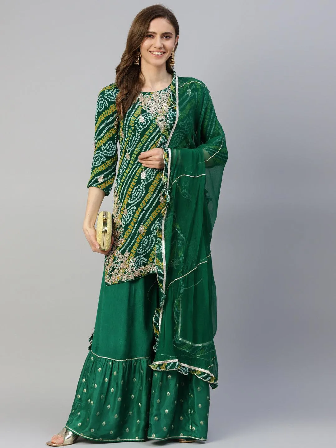 Gota Work Green Bandhani Print Georgette Kurta Palazzo Set With Dupatta