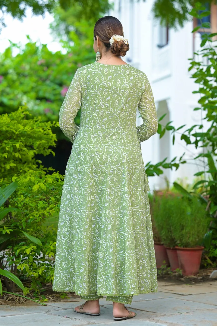 Green Anarkali Shifali Cut Work with Pant And Dupatta