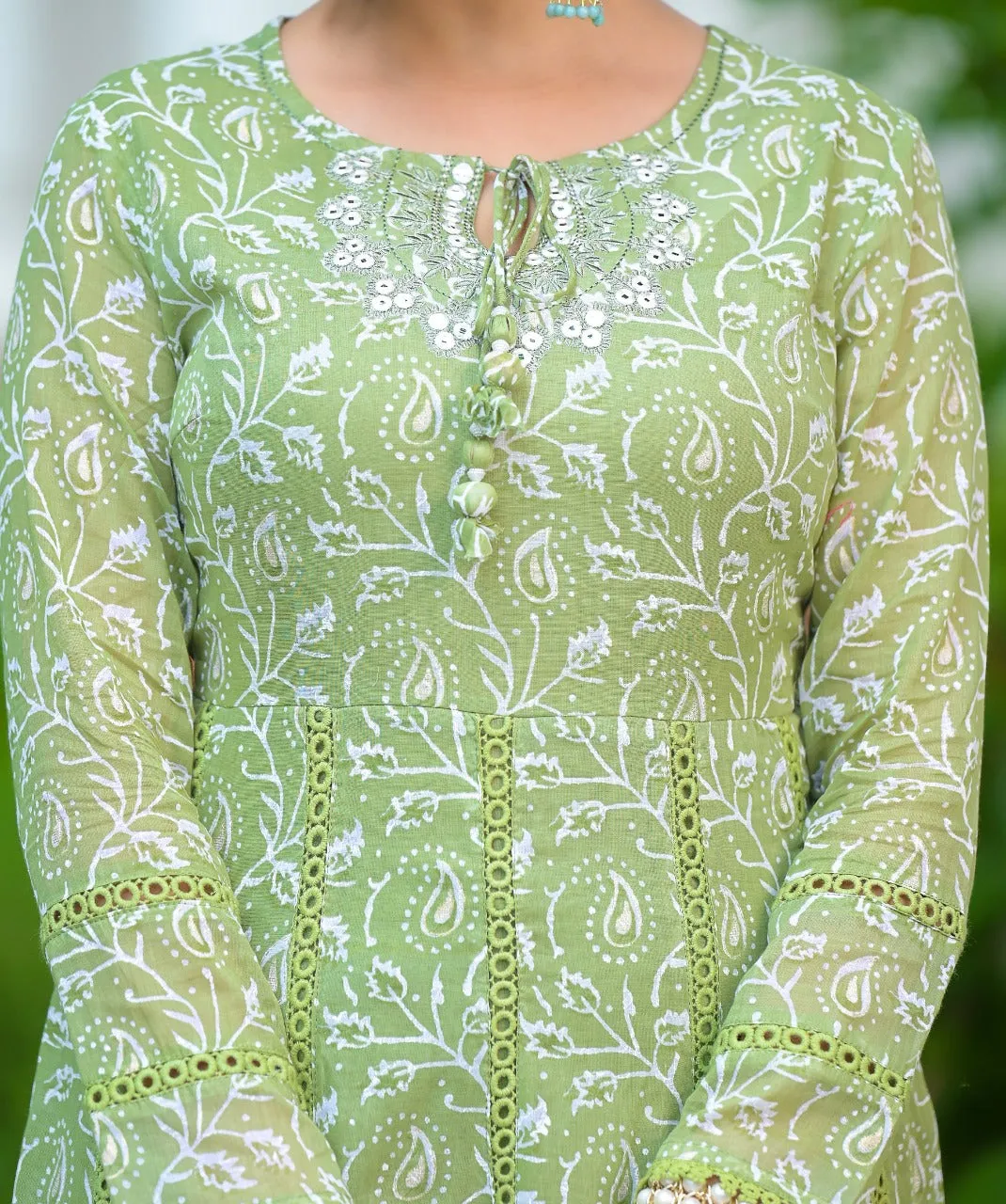 Green Anarkali Shifali Cut Work with Pant And Dupatta