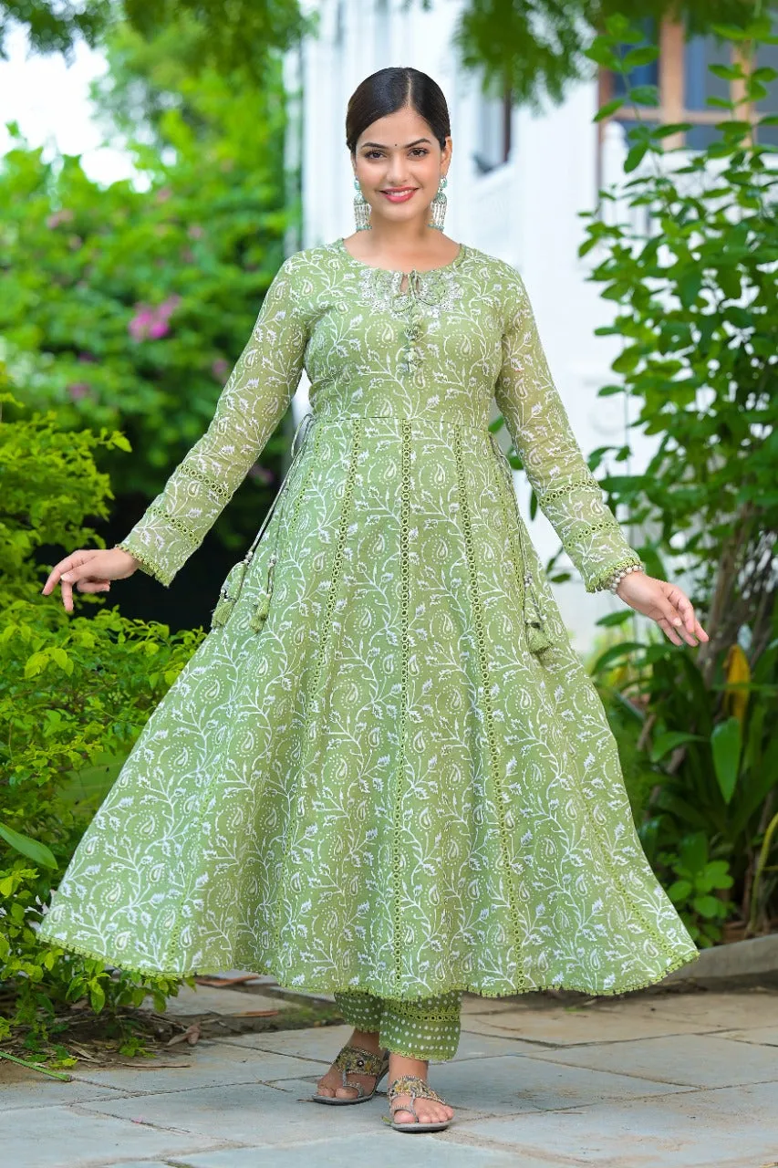 Green Anarkali Shifali Cut Work with Pant And Dupatta