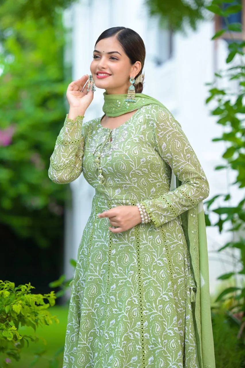 Green Anarkali Shifali Cut Work with Pant And Dupatta