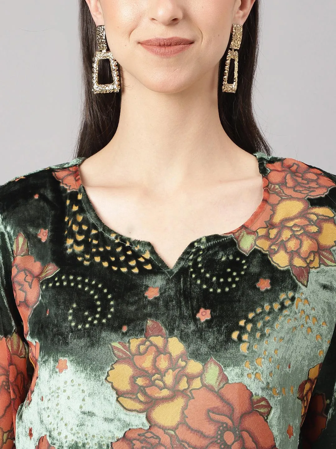 Green Burn Out Velvet Kurta Haram Pant With Organza Dupatta