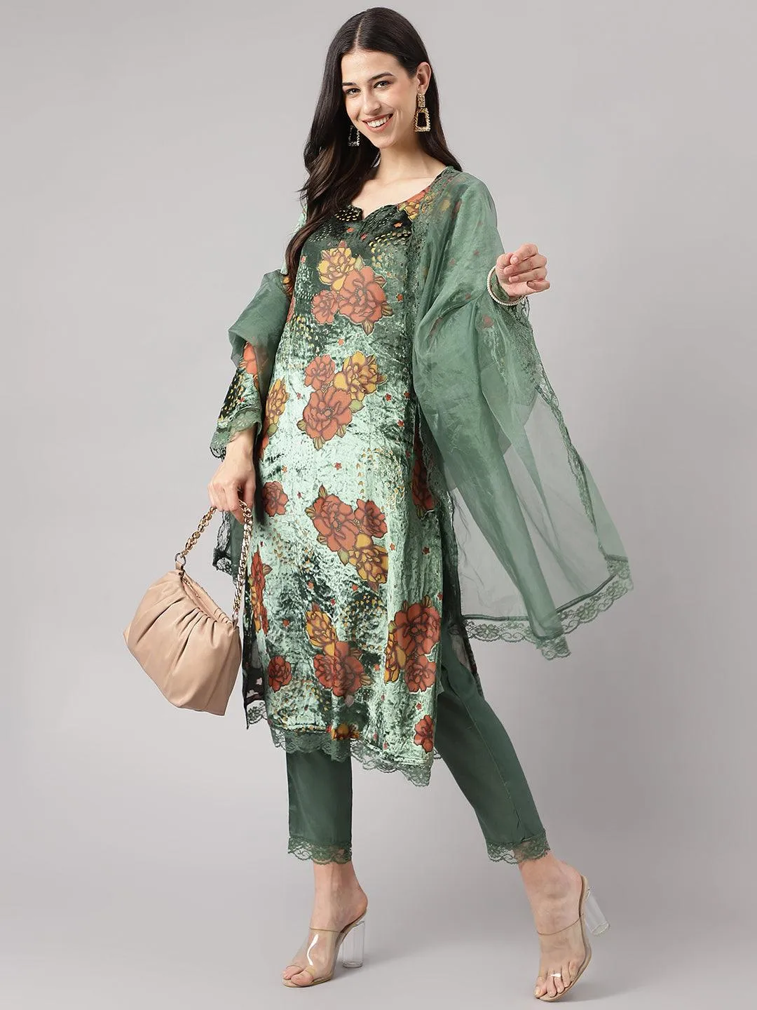 Green Burn Out Velvet Kurta Haram Pant With Organza Dupatta
