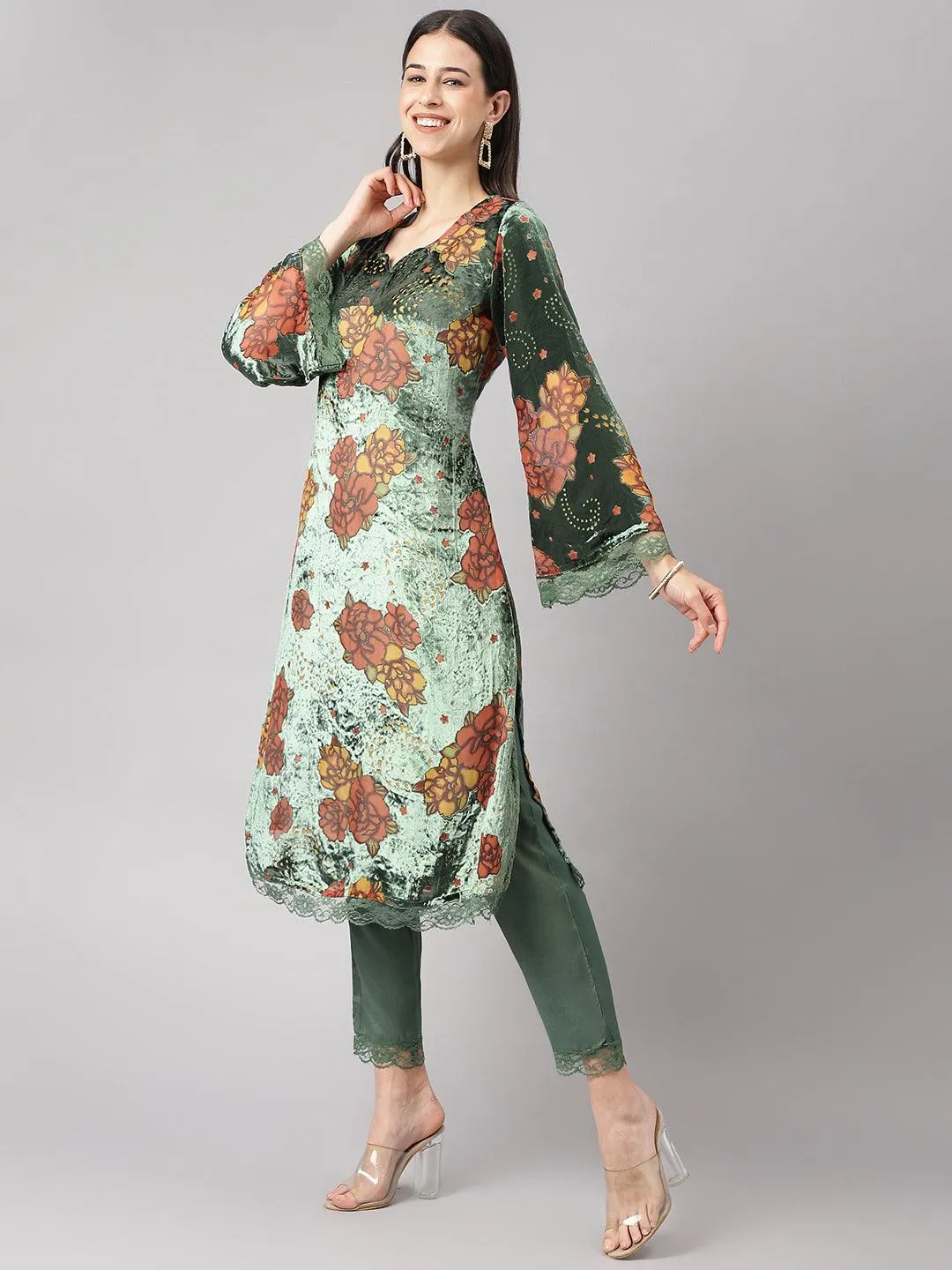 Green Burn Out Velvet Kurta Haram Pant With Organza Dupatta