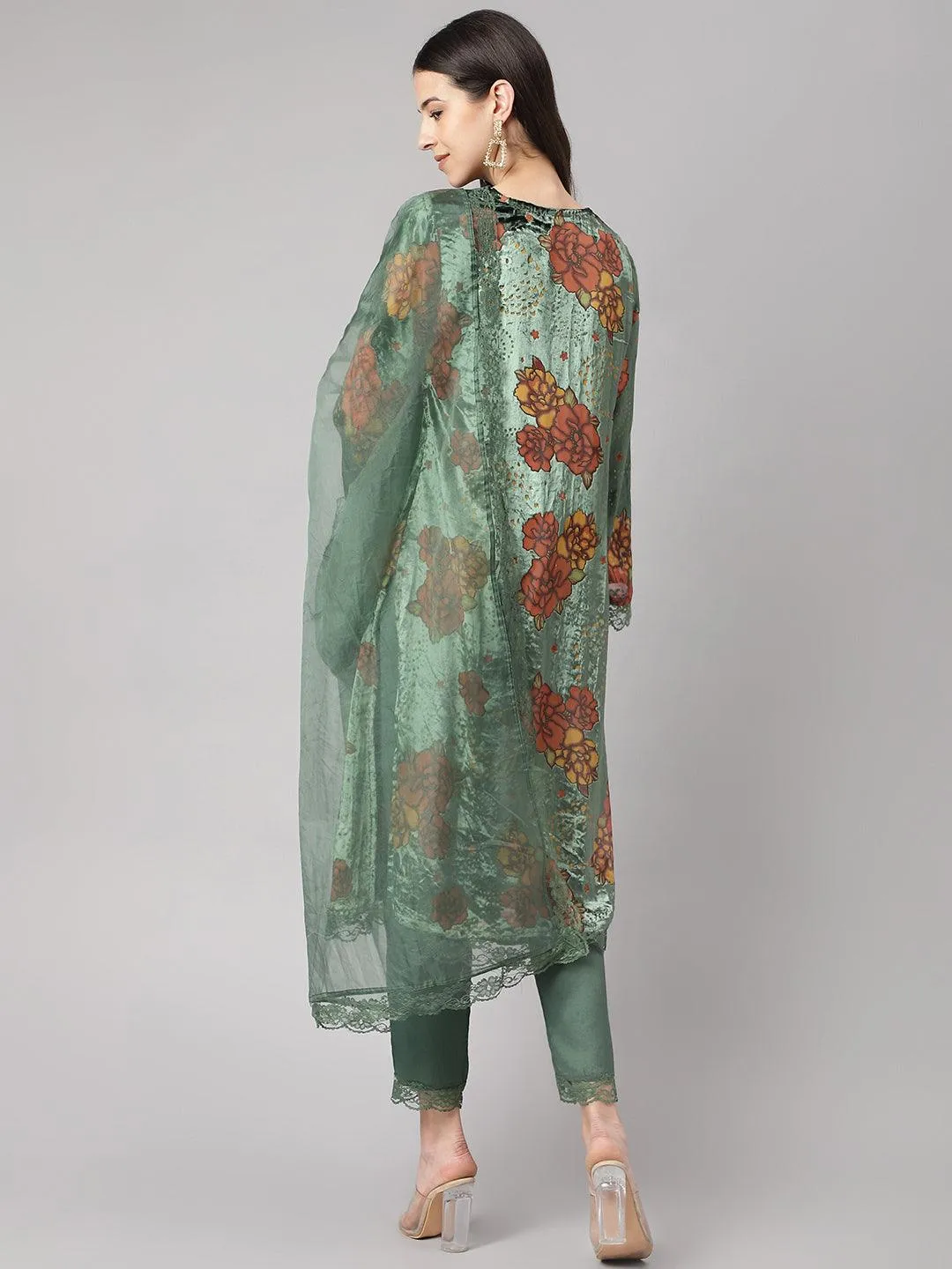 Green Burn Out Velvet Kurta Haram Pant With Organza Dupatta